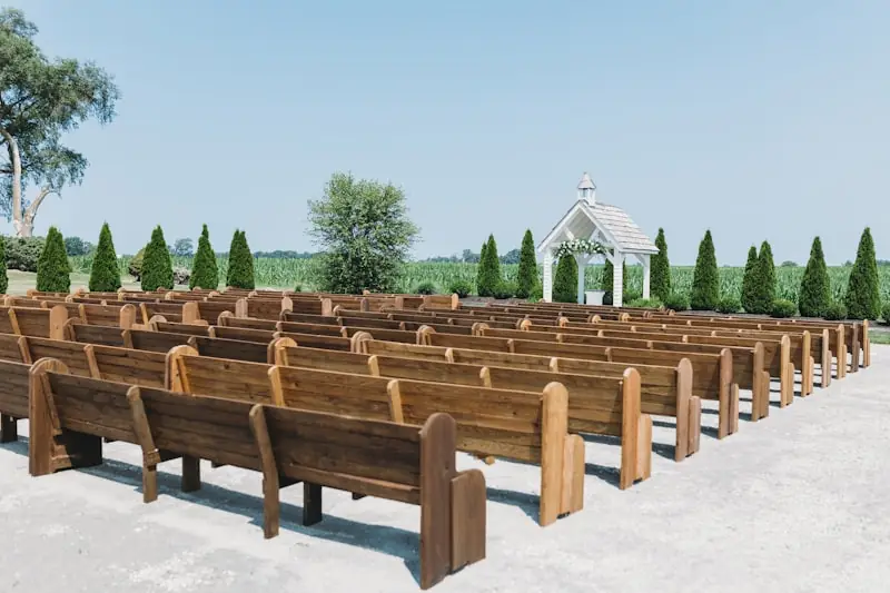 A row of wooden benches.