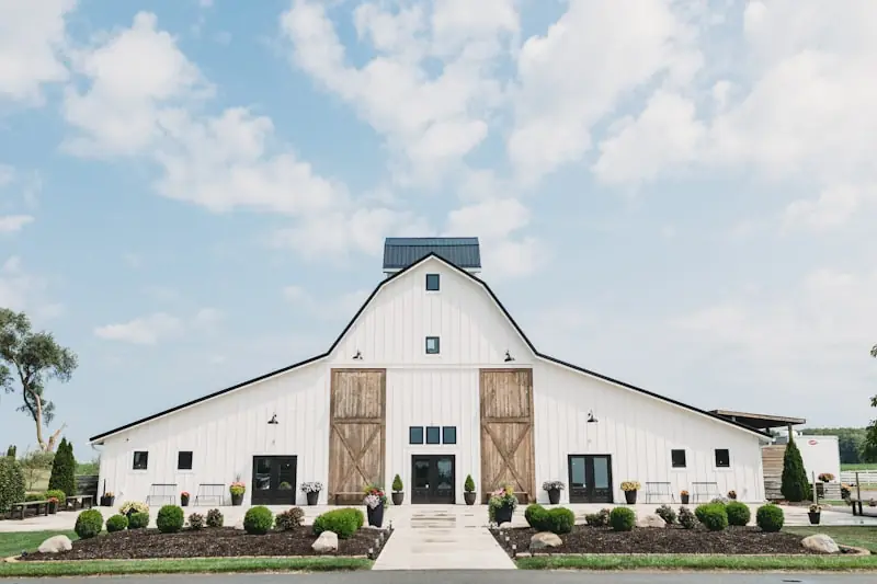 The barn's white timber doors and windows.