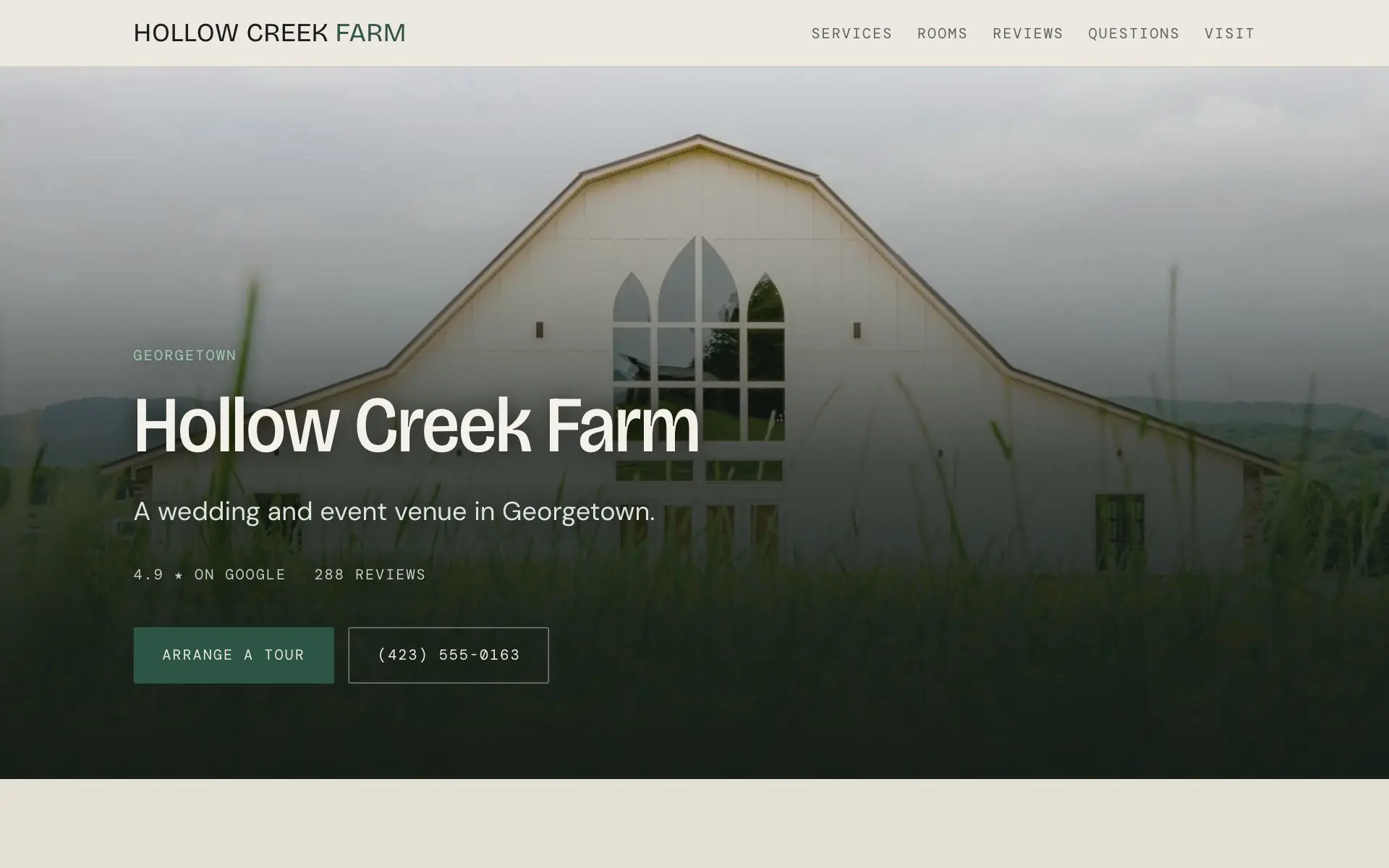 Home page of the Hollow Creek Farm demo site: a light oyster page with the venue name in a wide grotesque and a numbered index of what it offers.