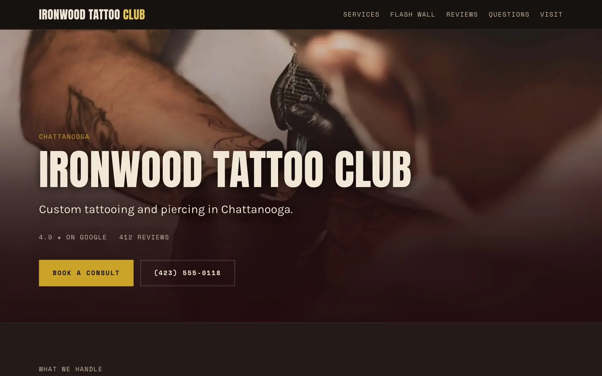 Home page of the Ironwood Tattoo Club demo site: a dark oxblood hero with the studio name set large, above a wall of numbered image slots.