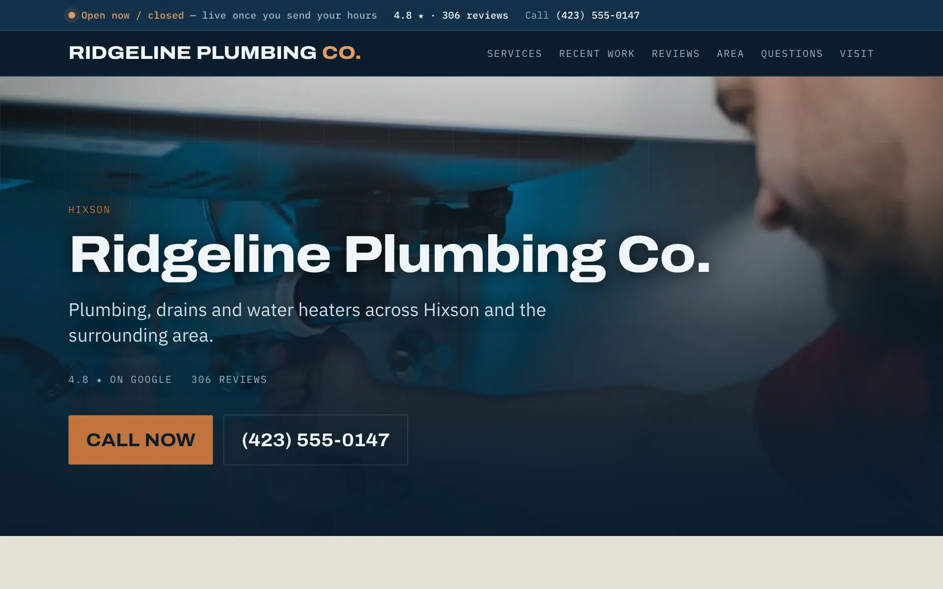 Home page of the Ridgeline Plumbing demo site: a navy blueprint-grid hero with a status strip along the top and a large call button.